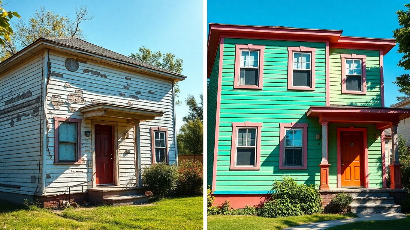 House exterior comparison: peeling paint versus fresh paint.