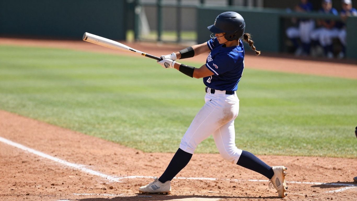 Softball player swinging bat on field
