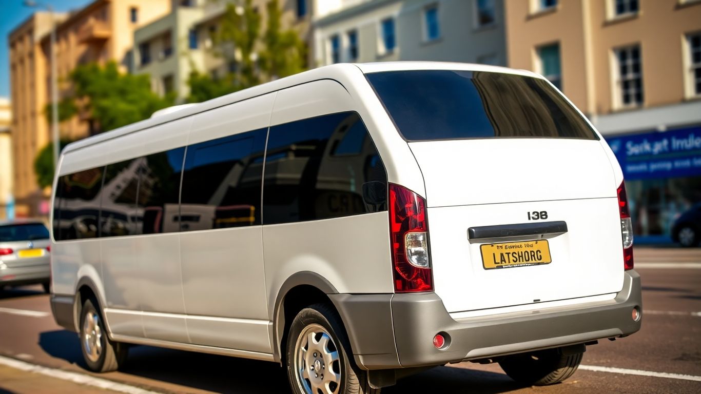 White minibus parked in town centre
