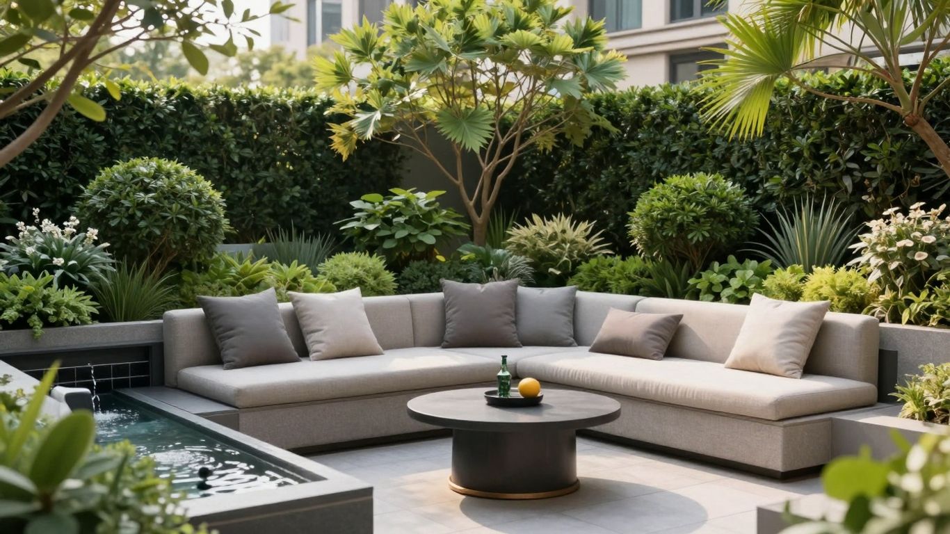 Luxe tuin met comfortabele zitjes en waterpartij.