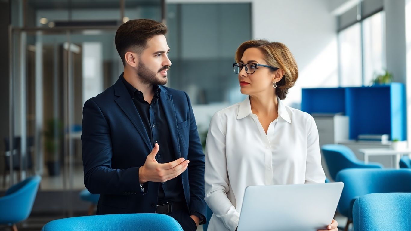 Checkliste: Welche Pflichtangaben müssen in einem Werkvertrag stehen? Zwei Personen im Gespräch in einem Büro.
