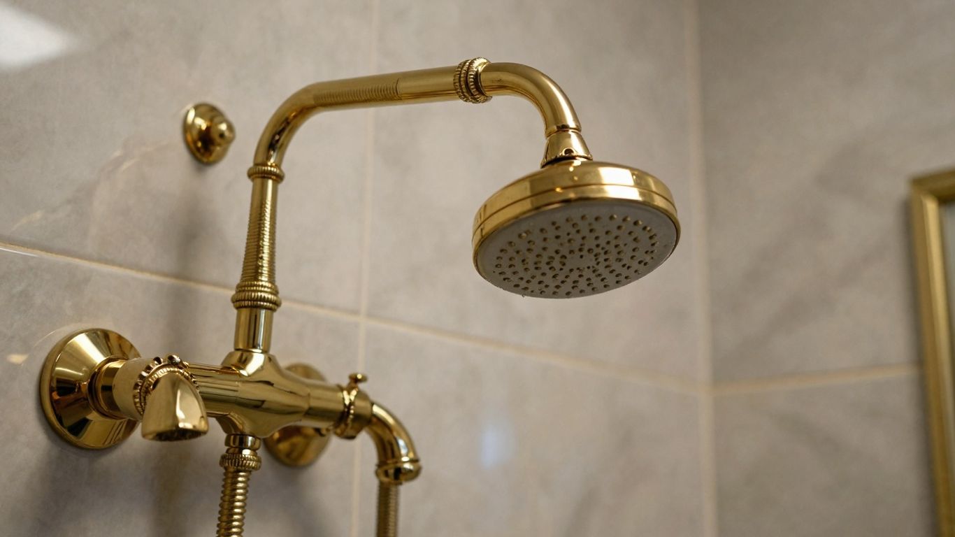 Elegant gold shower fixtures in a modern bathroom.