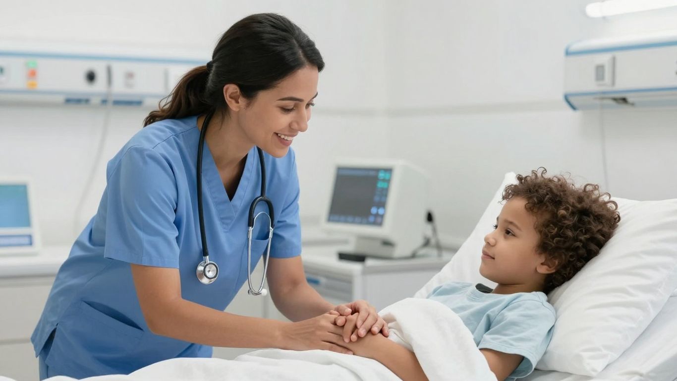 Nurse comforting a child in a hospital bed.