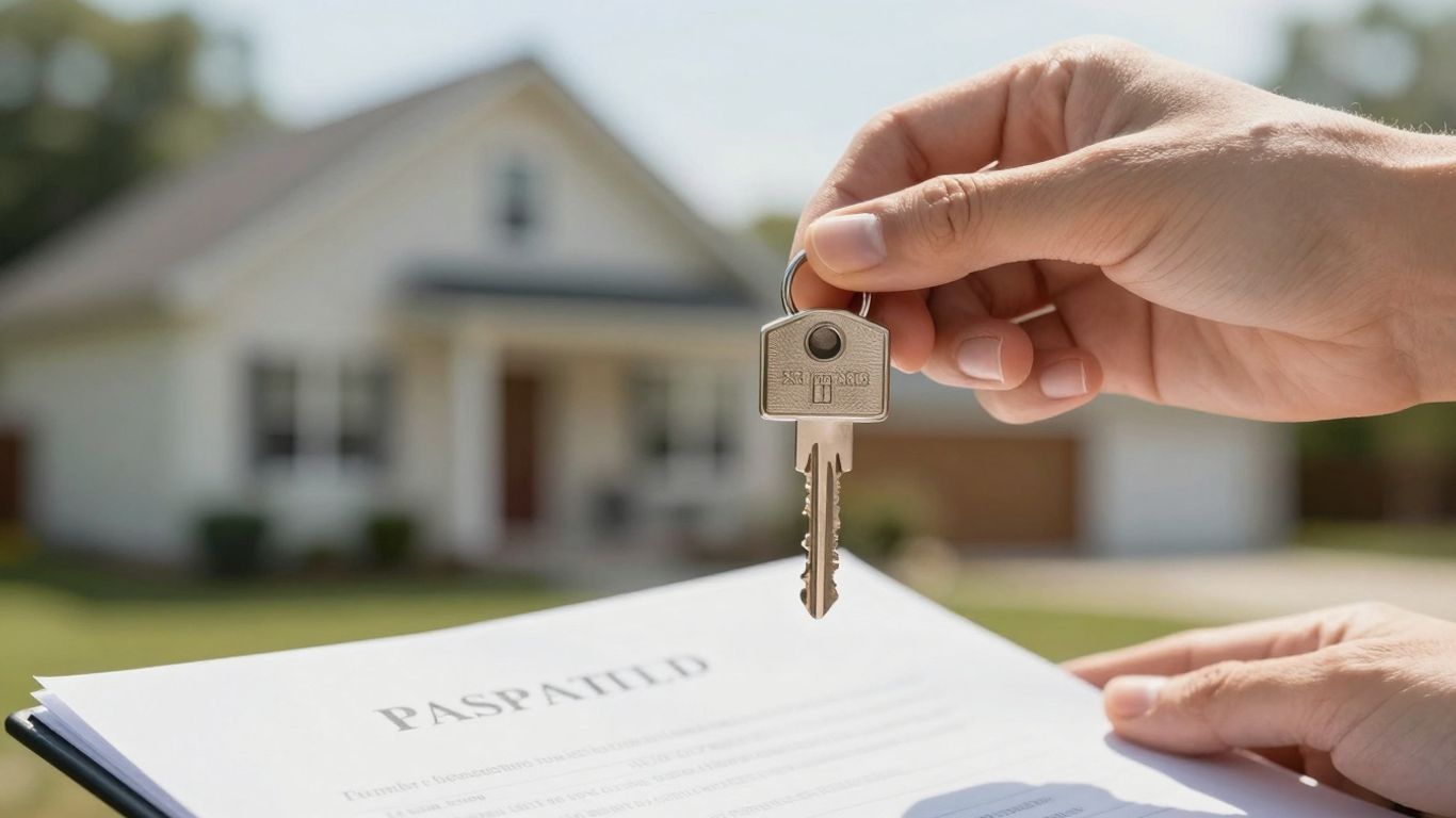 Homeowner holding keys with house and deed in background.