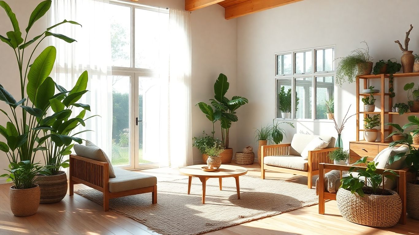Stylish eco-friendly living room with plants and natural materials.