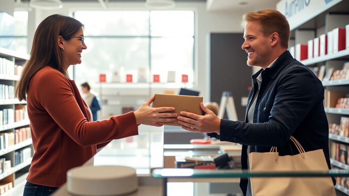 Customer picking up online order in store