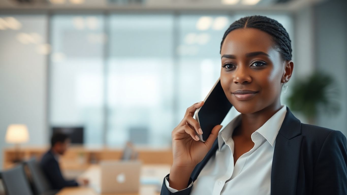 Person politely talking on a smartphone in an office.