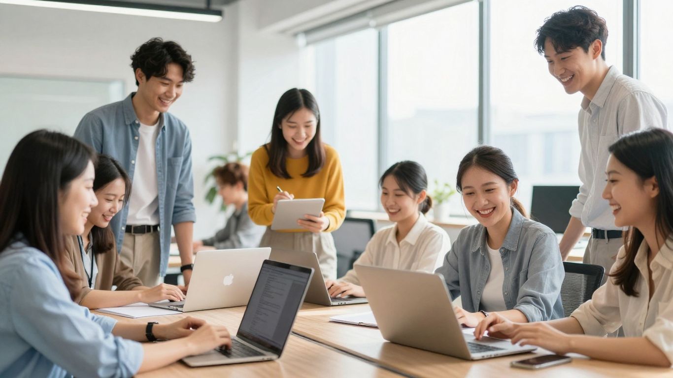 Mensen vieren de Dag van het Werkplezier op kantoor.