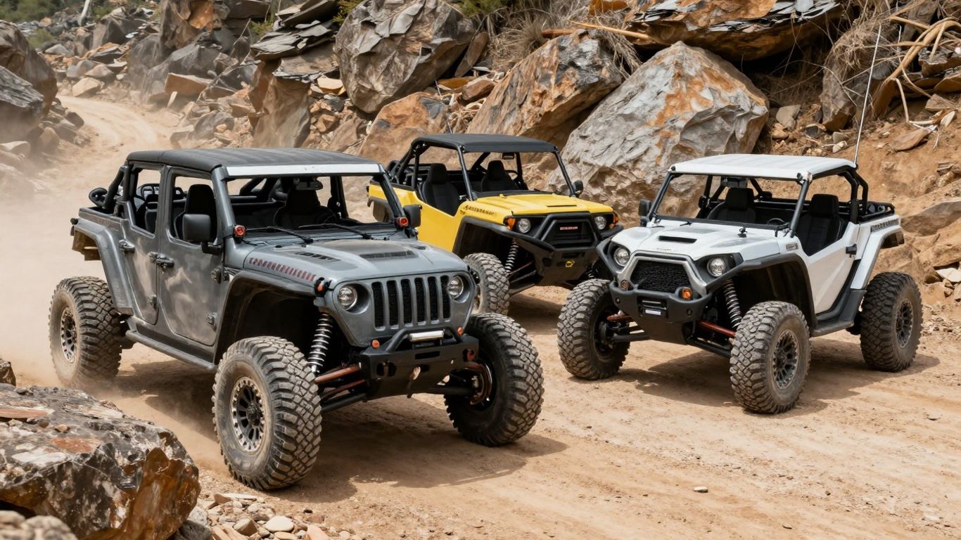 Jeep Recon, Scout, and Rivian off-road EVs on a trail.