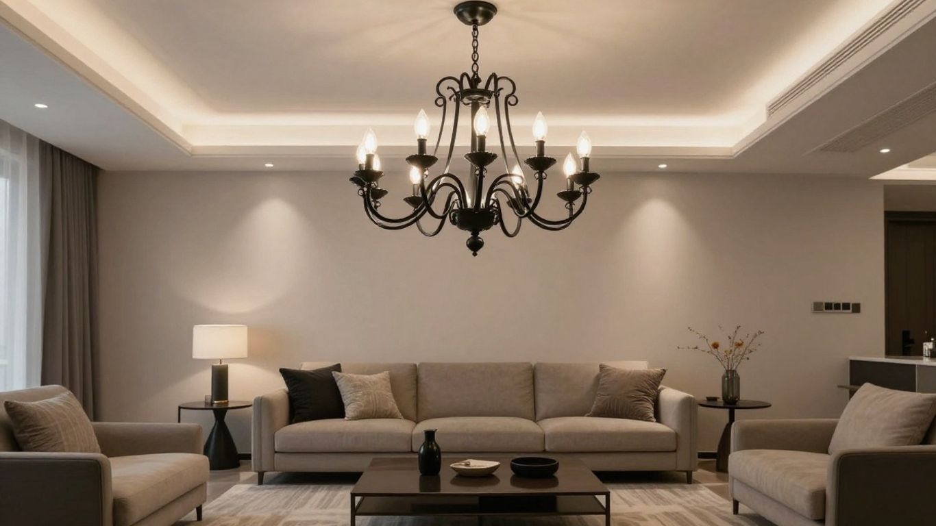 Elegant black chandelier in a modern living room.