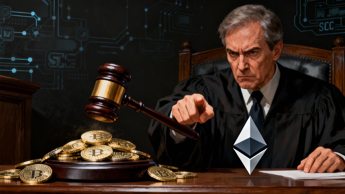 SEC official points at Ethereum logo, legal action implied.