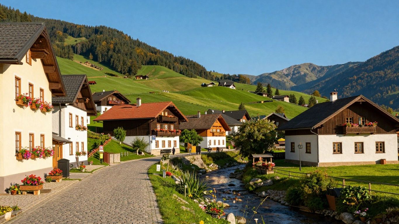 Schönes Dorf in grünen Hügeln mit traditionellen Häusern.