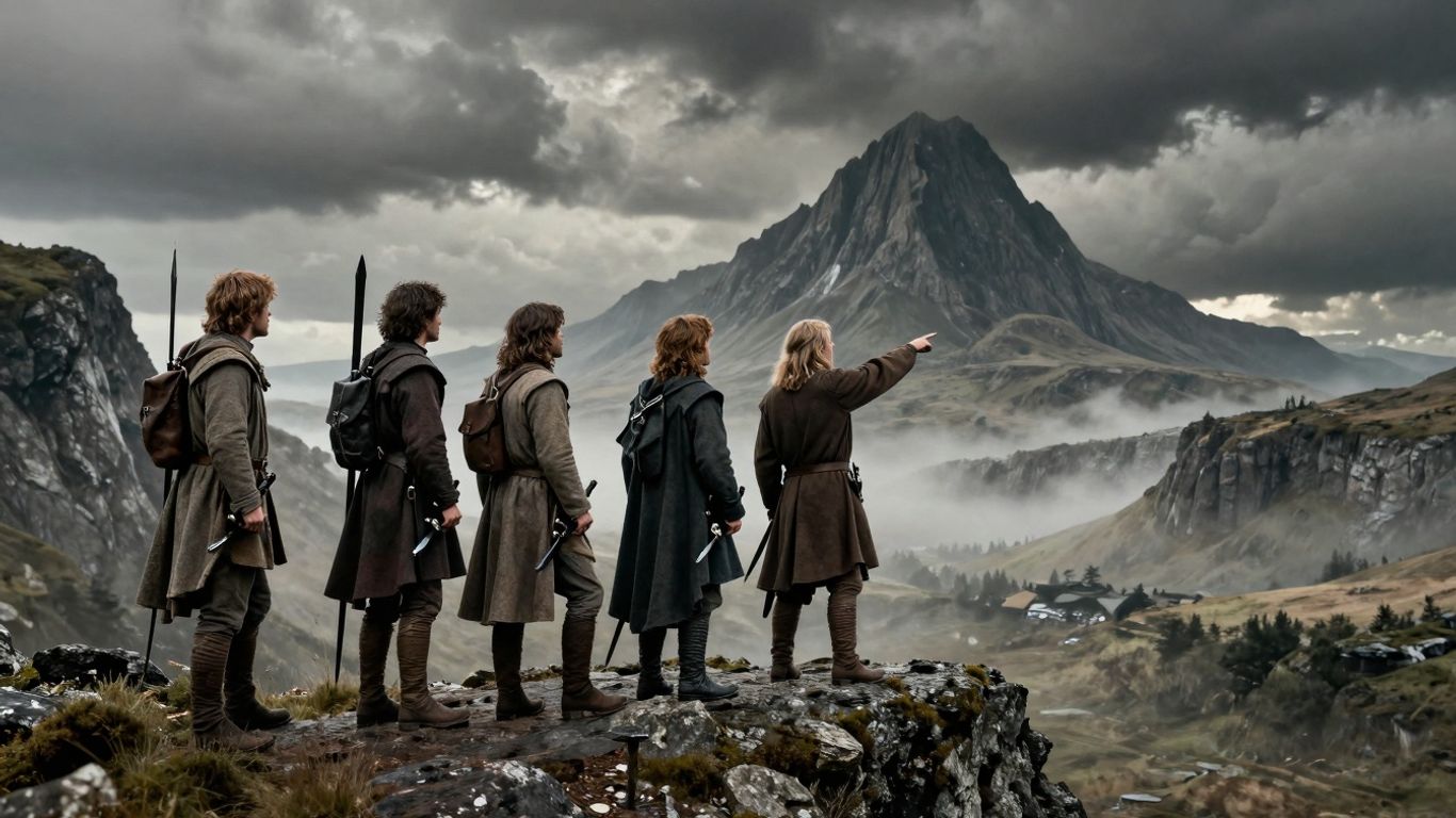 Drużyna wędrowców na tle gór i mglistej doliny.
