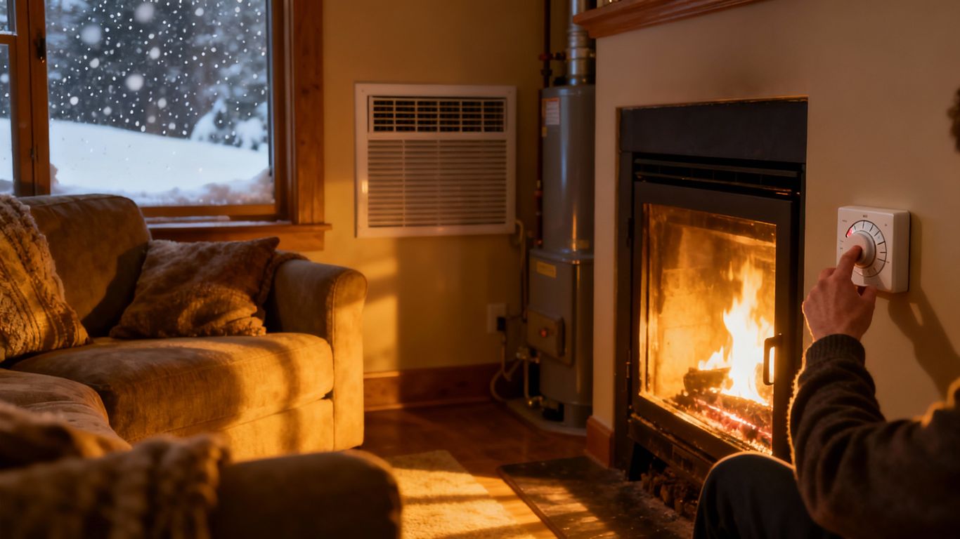 Cozy living room with fireplace and thermostat during winter.