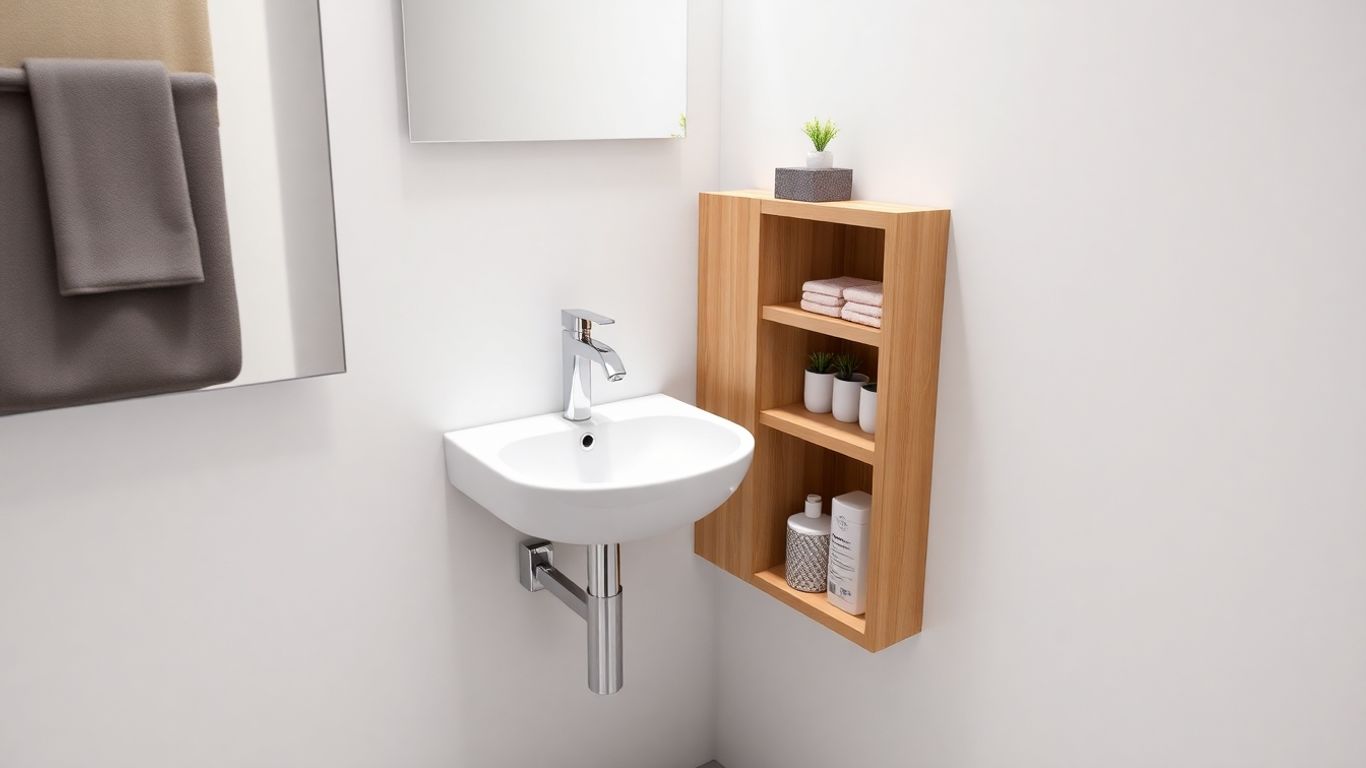 Compact washbasin with integrated storage in a modern bathroom.