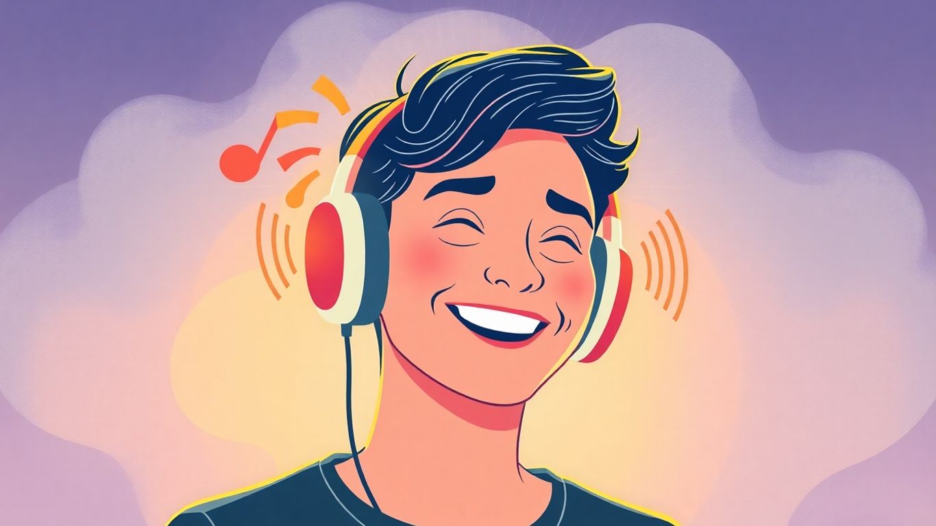 Person enjoying music with headphones and sound waves.
