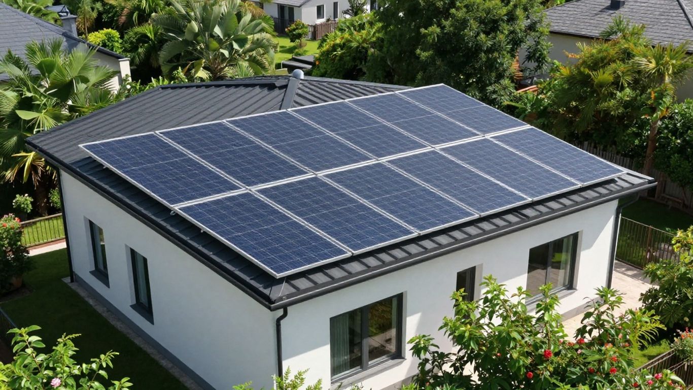 Maison avec panneaux solaires sous le soleil.