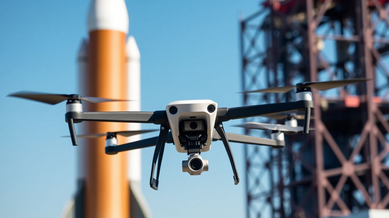 Drone et fusée dans le ciel