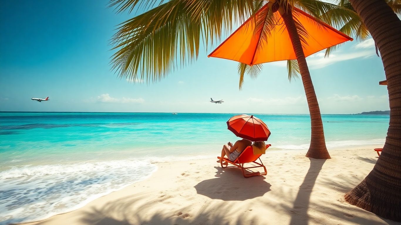 Couple relaxing on a beach with a plane overhead.
