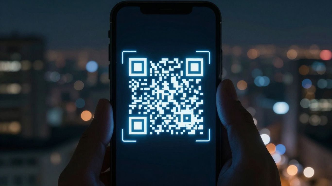 Smartphone scanning a QR code with safety check overlay.