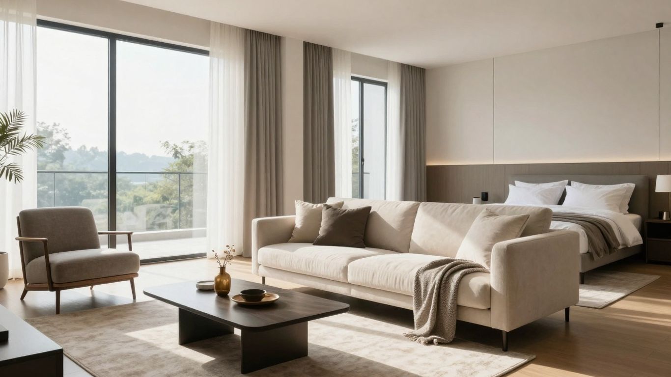 Stylish living room and bedroom for Airbnb furnishing.