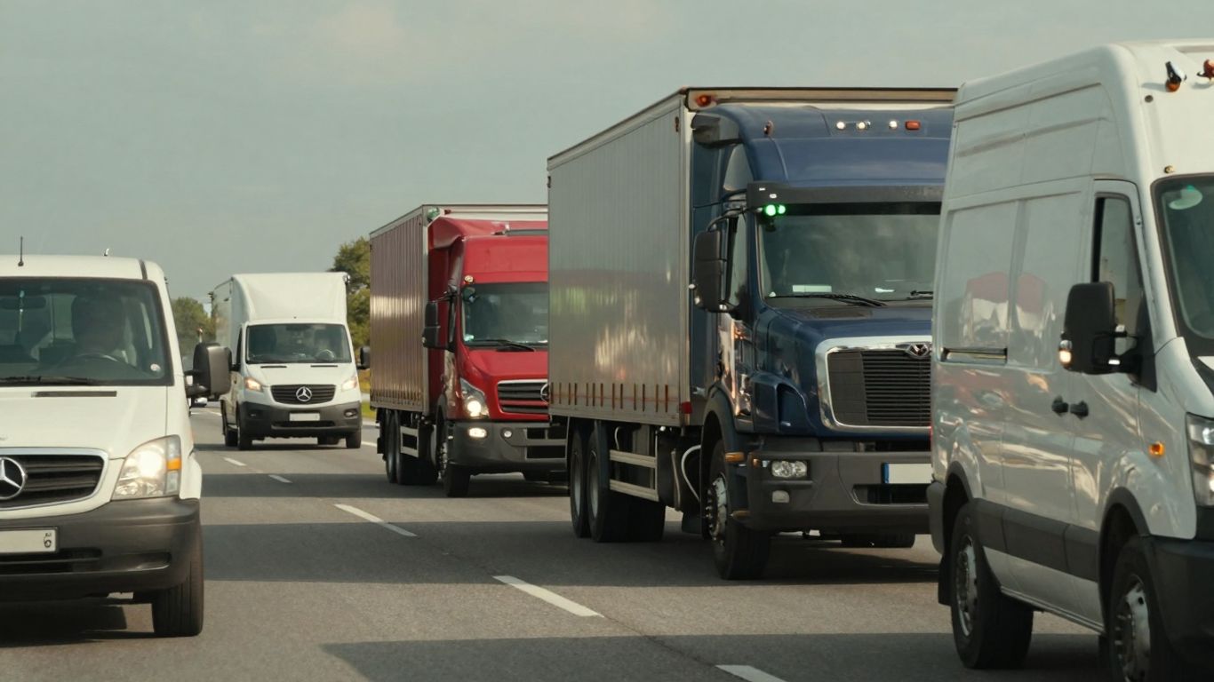 Fleet of vehicles on a highway, with green exhaust glow.