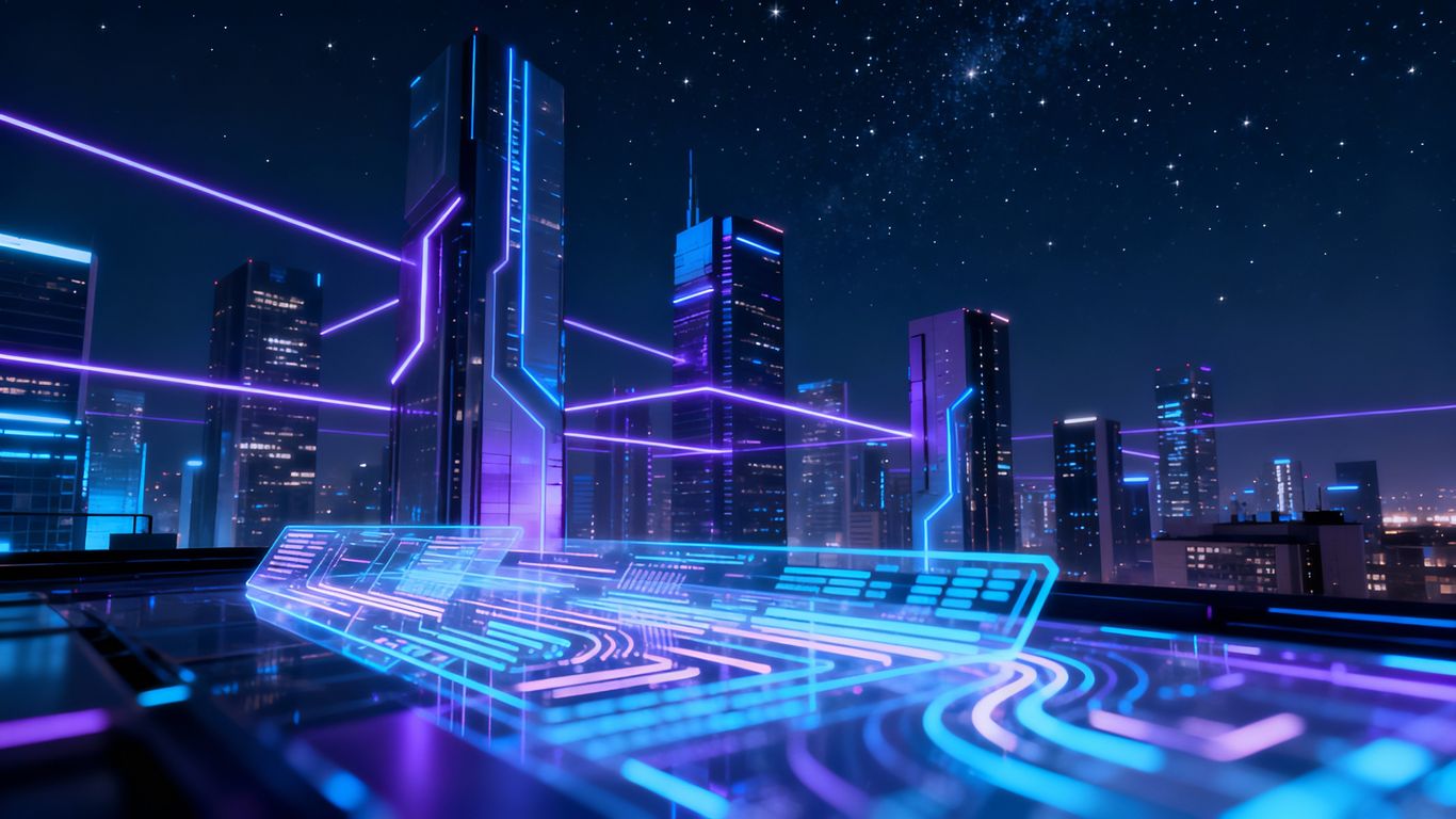 Futuristic cityscape with glowing connection lines and holographic interface.