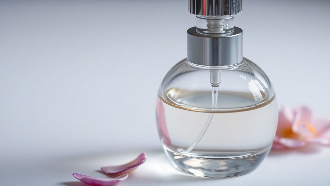 Perfume bottle with flower petals.
