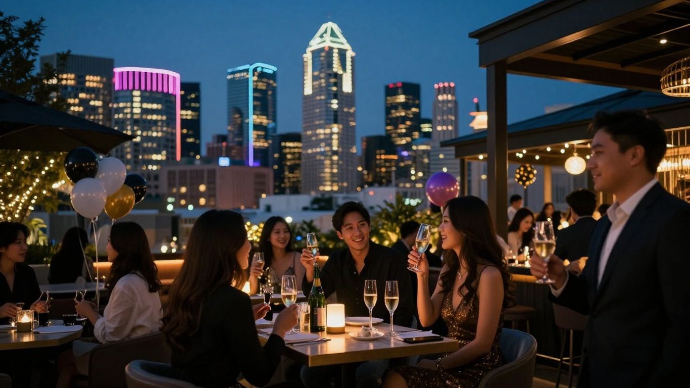 Dallas skyline with adult birthday party venues at dusk.
