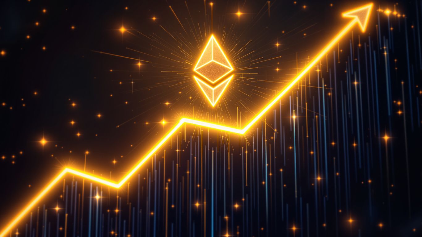 Ethereum symbol rising with golden light and upward trend.