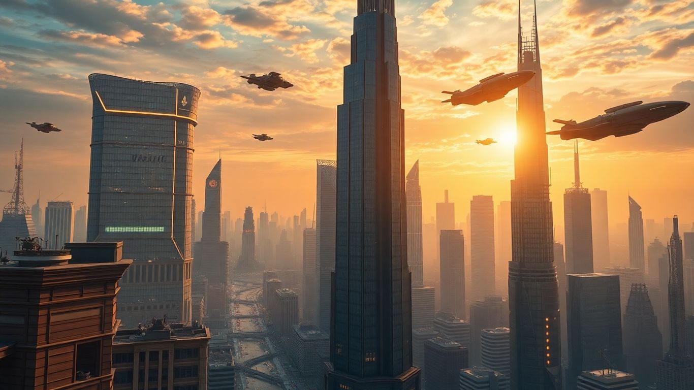 Futuristic cityscape at sunset, hyperrealistic digital painting.