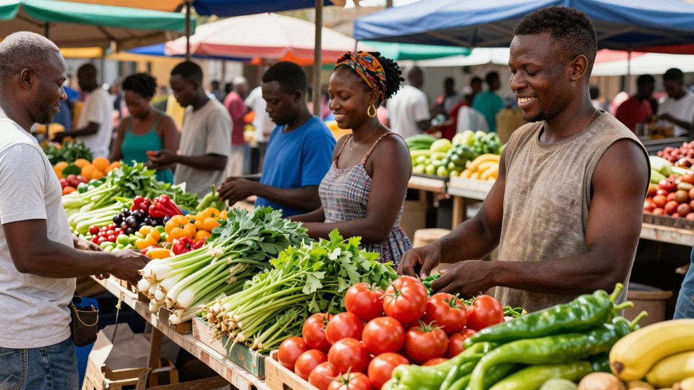 Oameni savurând mâncare proaspătă la o piață locală vibrantă.