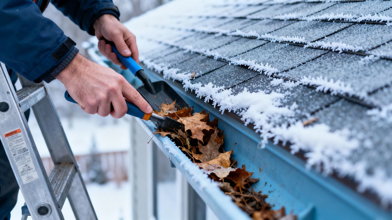 Homeowner cleaning winter debris from house gutters.