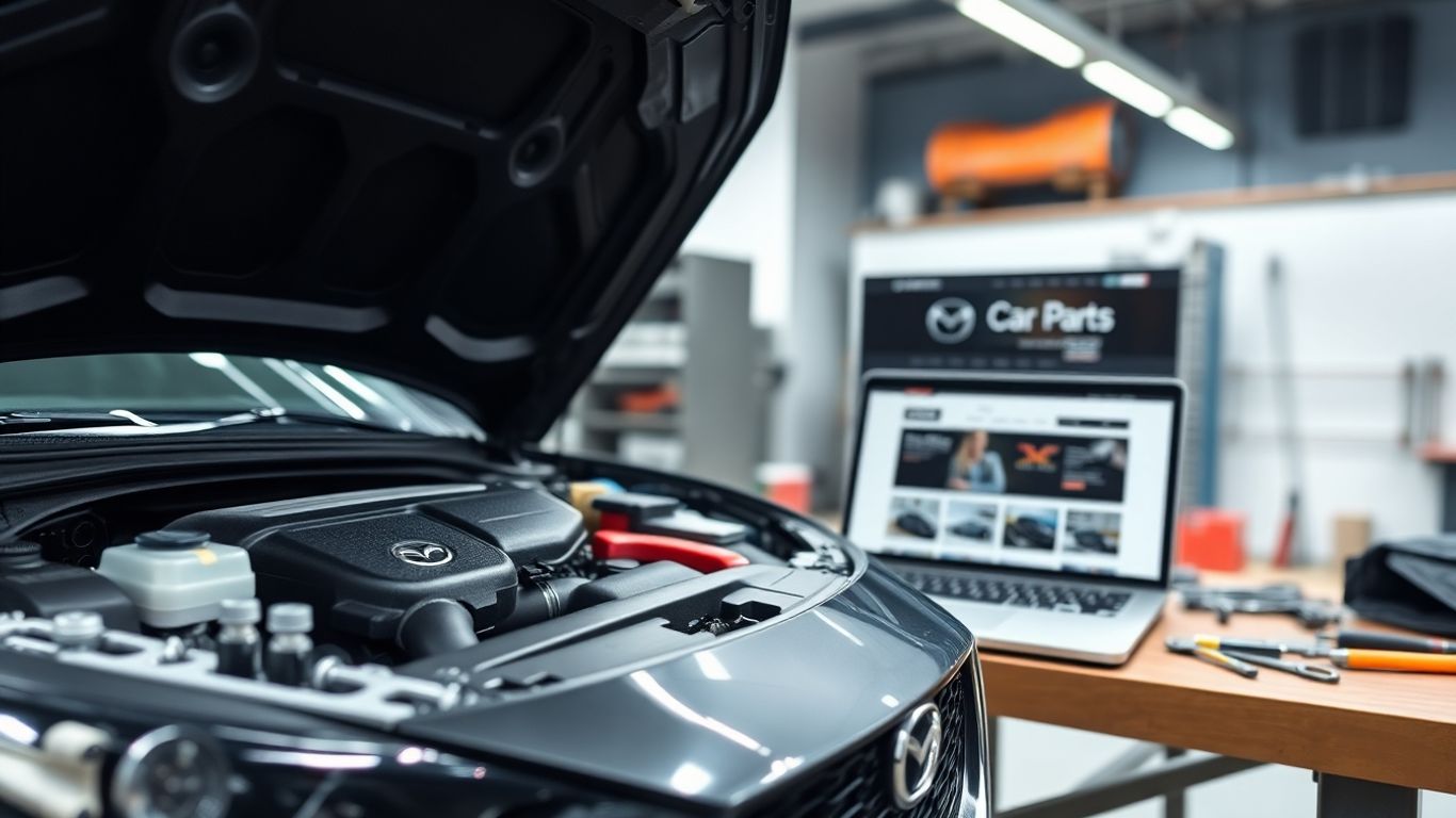 Mazda car parts and laptop on workbench