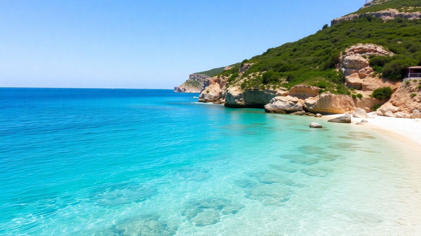 Secluded Greek beach with turquoise water and white sand.