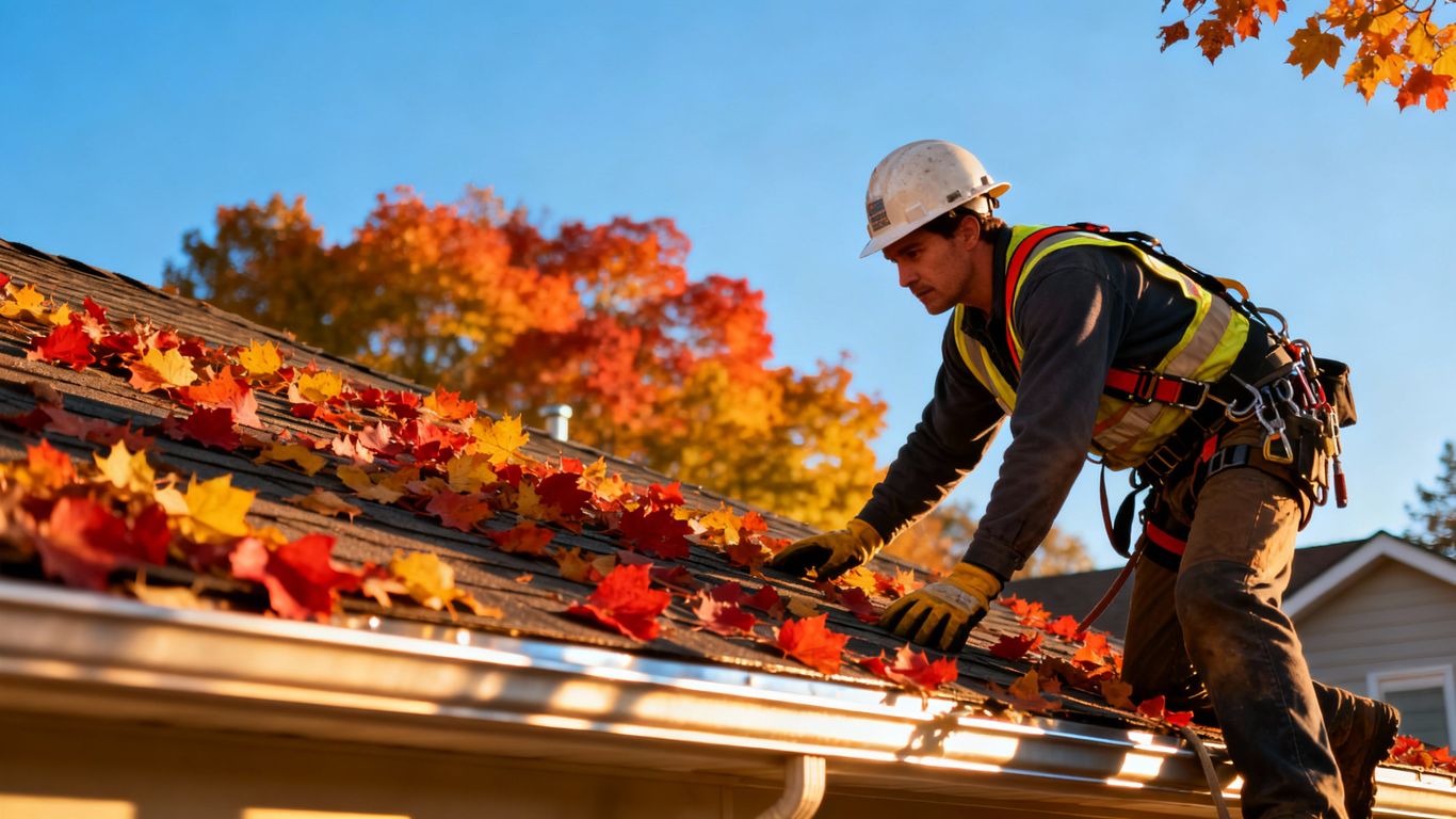 Roofer inspects house roof covered with autumn leaves