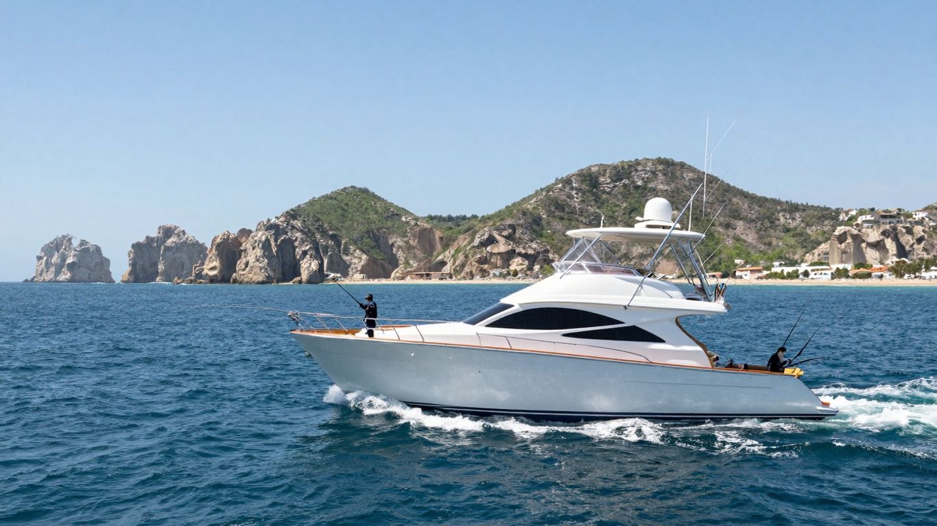 Luxury yacht fishing in Cabo with anglers casting lines.