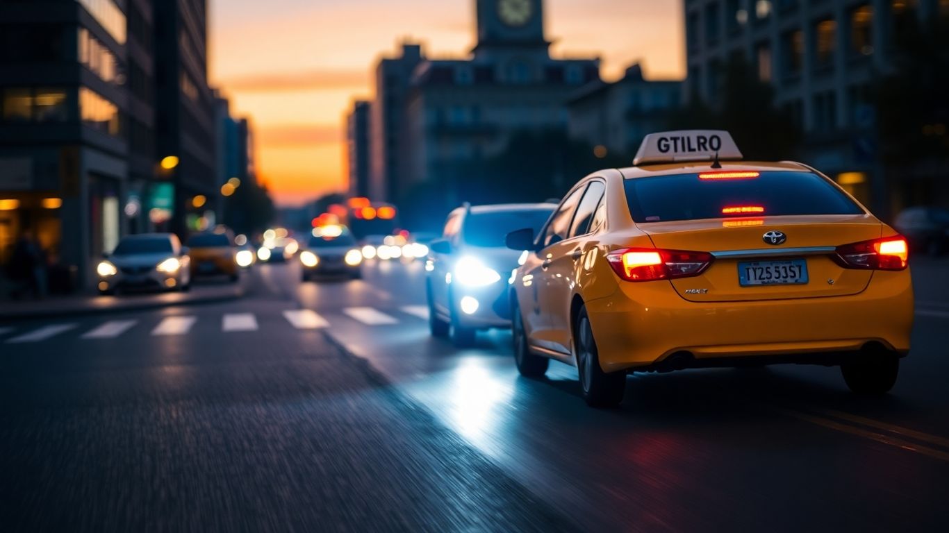 Yellow taxi driving on a city street at dusk.
