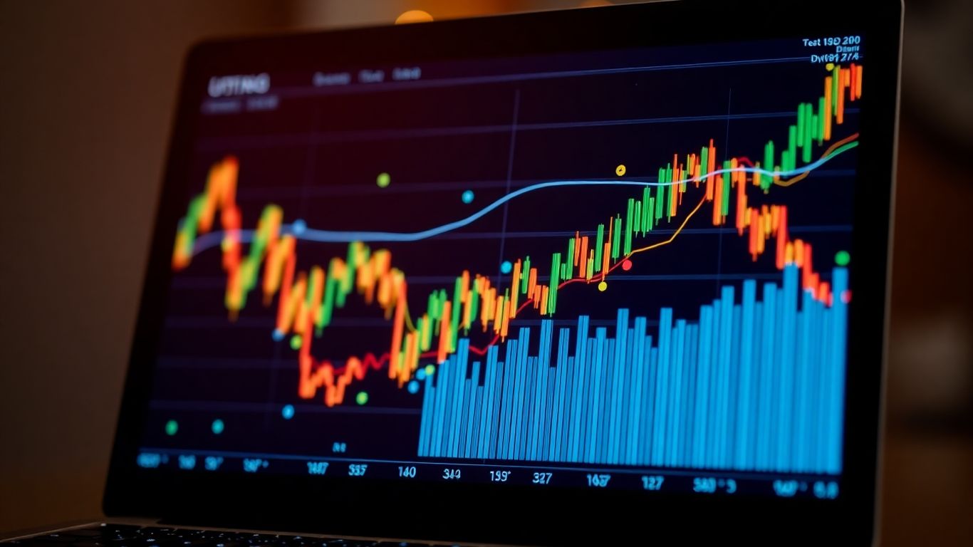 Laptop screen with glowing financial data patterns.