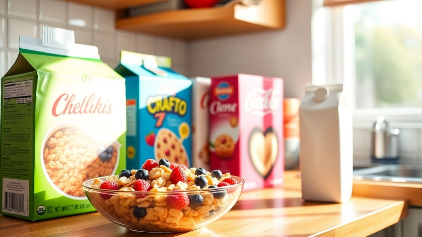 Healthy breakfast cereal with berries and milk.