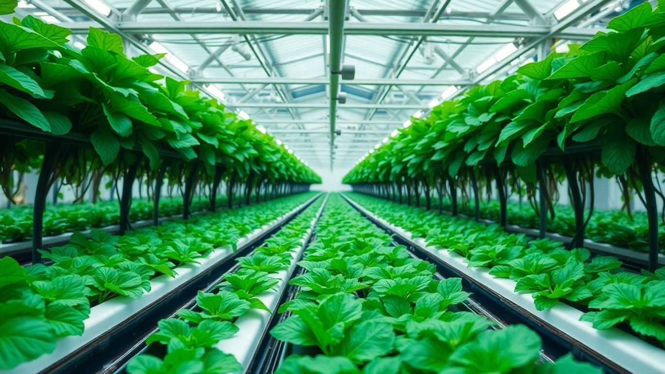 Lush green plants growing in a bright hydroponic greenhouse.