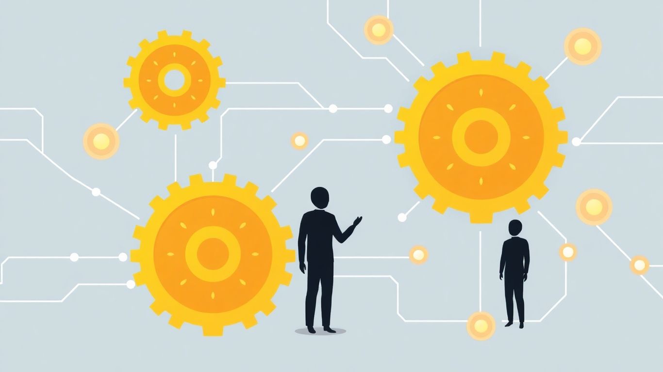 AI automation agency infographic with gears and digital streams.