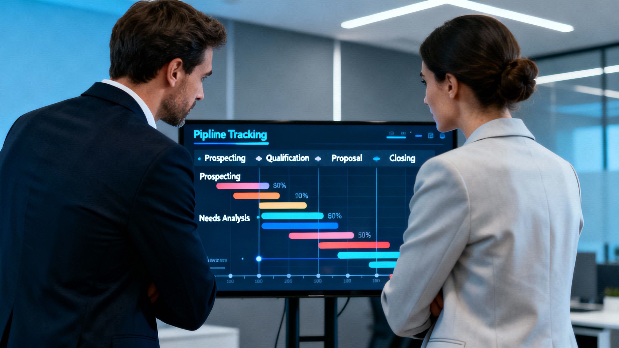 Two professionals discussing sales stages using pipeline tracking software on a digital display