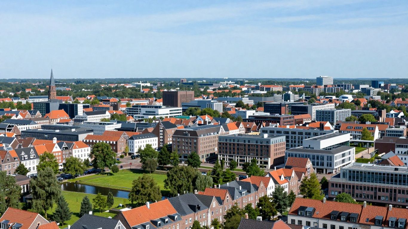 Stadtbild von Groningen mit Gebäuden und Grünflächen.