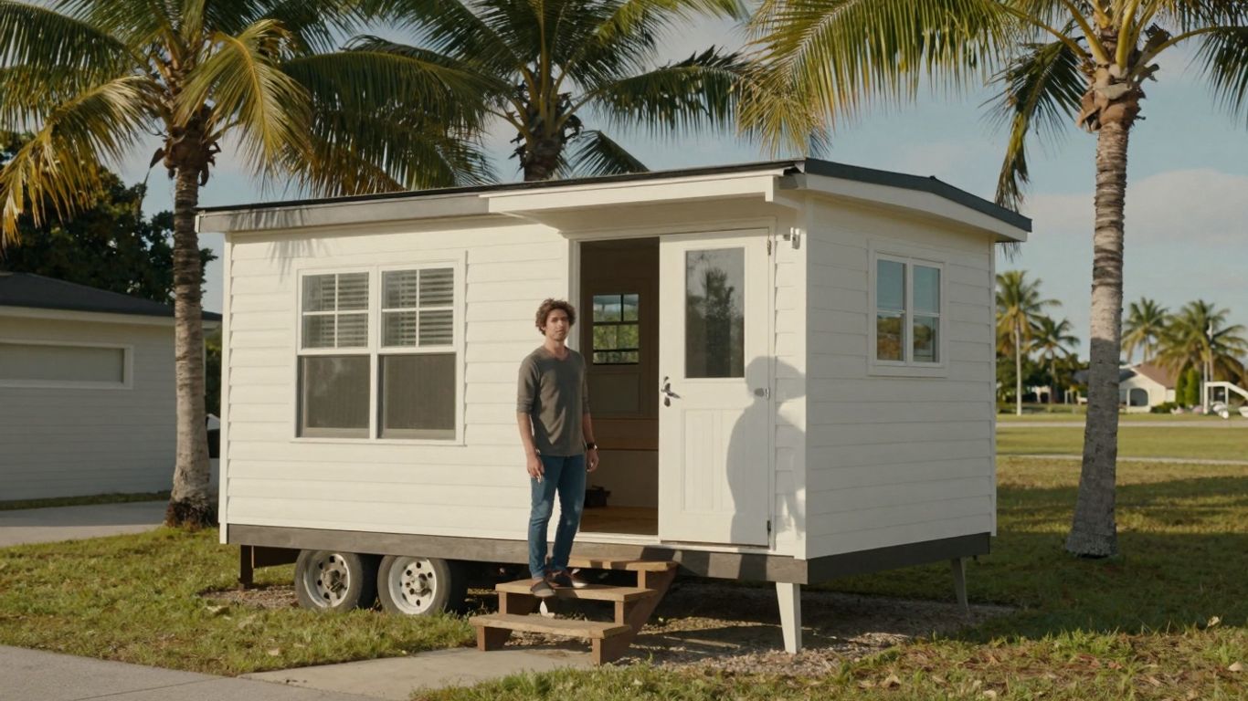 Florida tiny house with palm trees and a person holding keys.