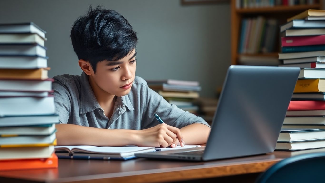 Student writing for TOEFL test preparation