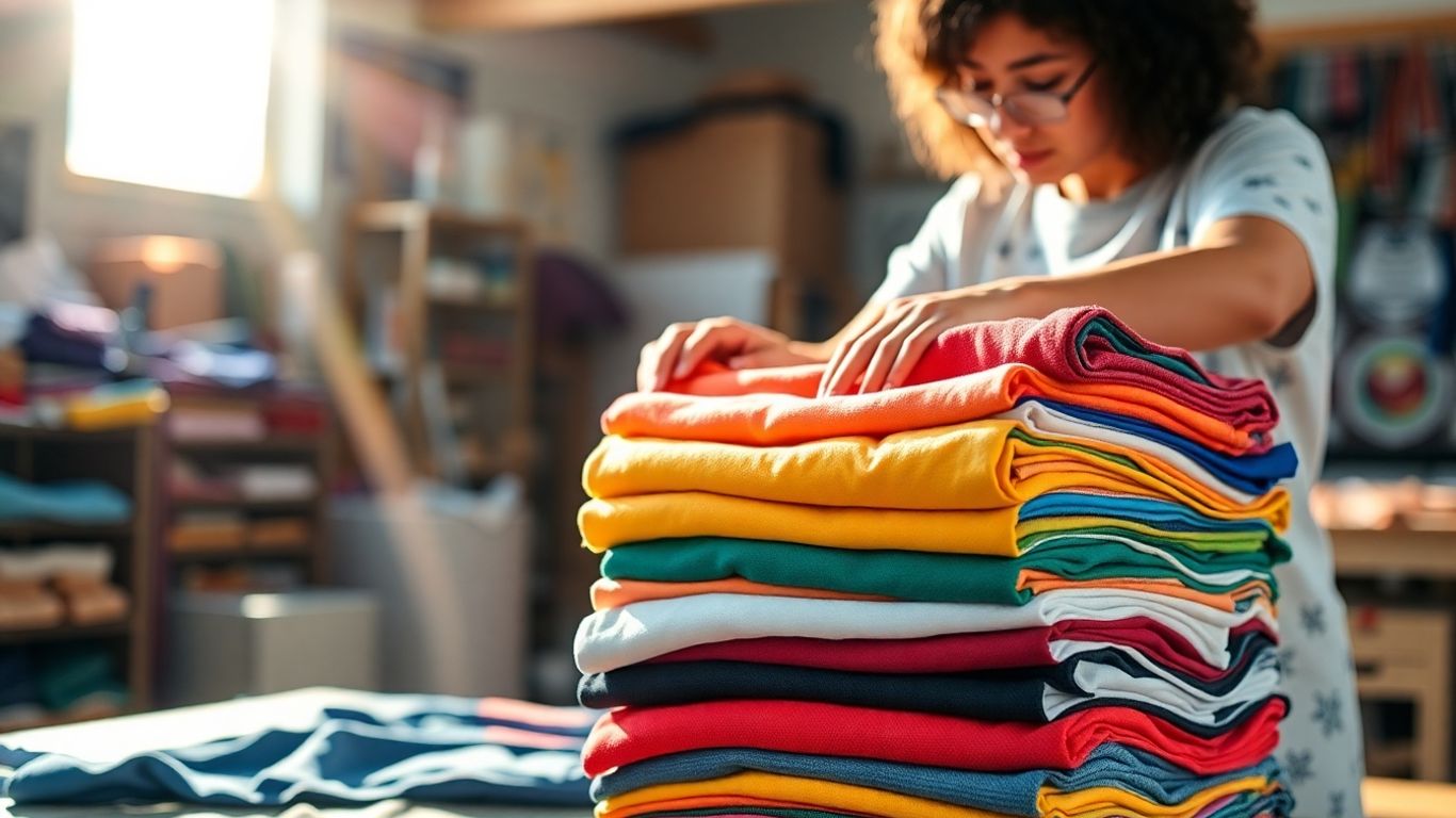 Colorful t-shirts stacked neatly in a workshop.