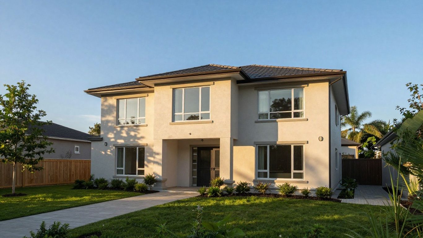 Casa moderna con jardín y cielo azul.