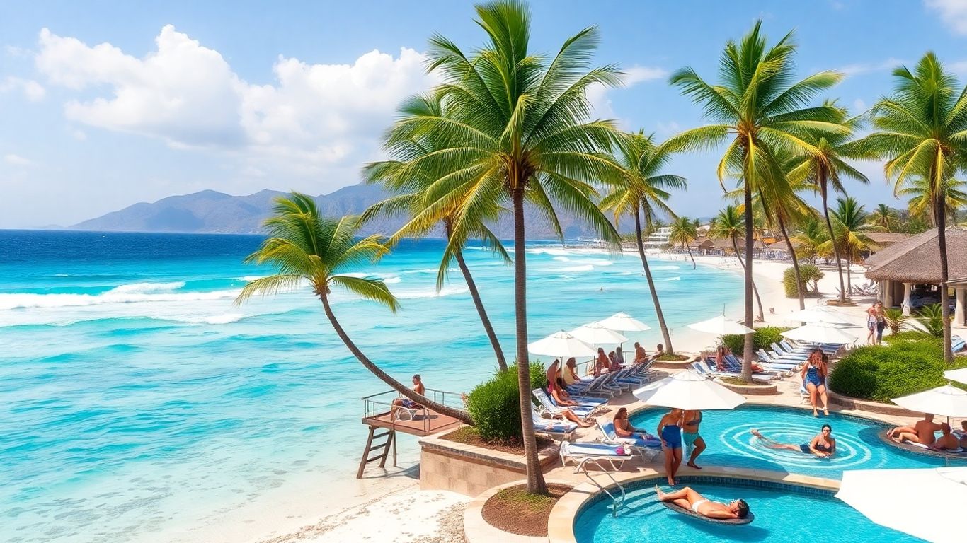 Tropical beach resort with pool and relaxed vacationers