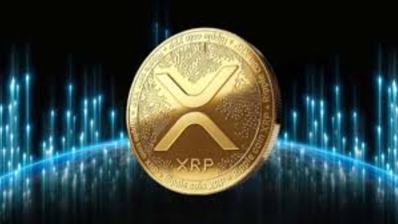 A golden coin with "XRP" symbolizes cryptocurrency and technology.